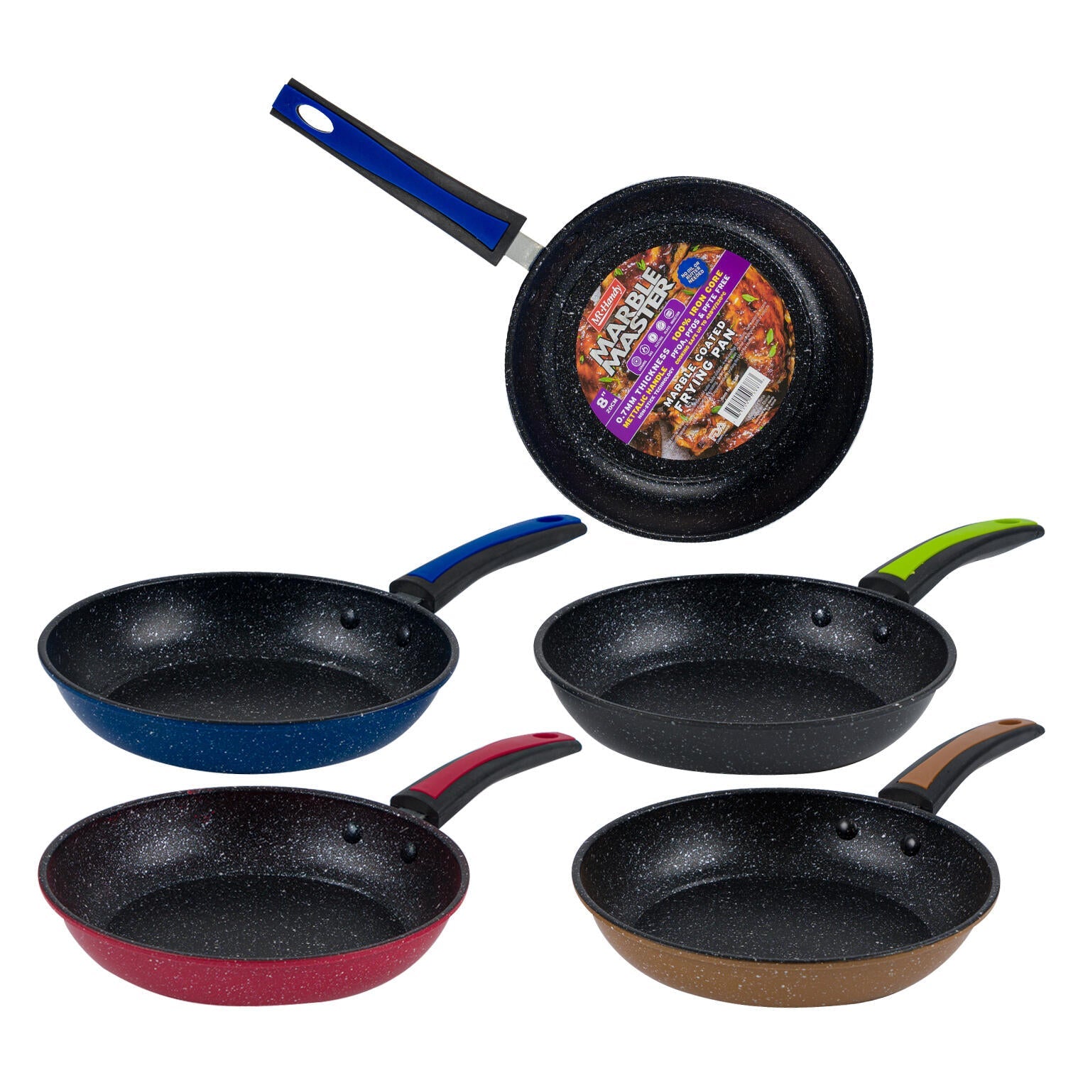 Mr. Handy Marble Coating Frying Pan w/ Colorful Handle - 8" (Pieces=12)