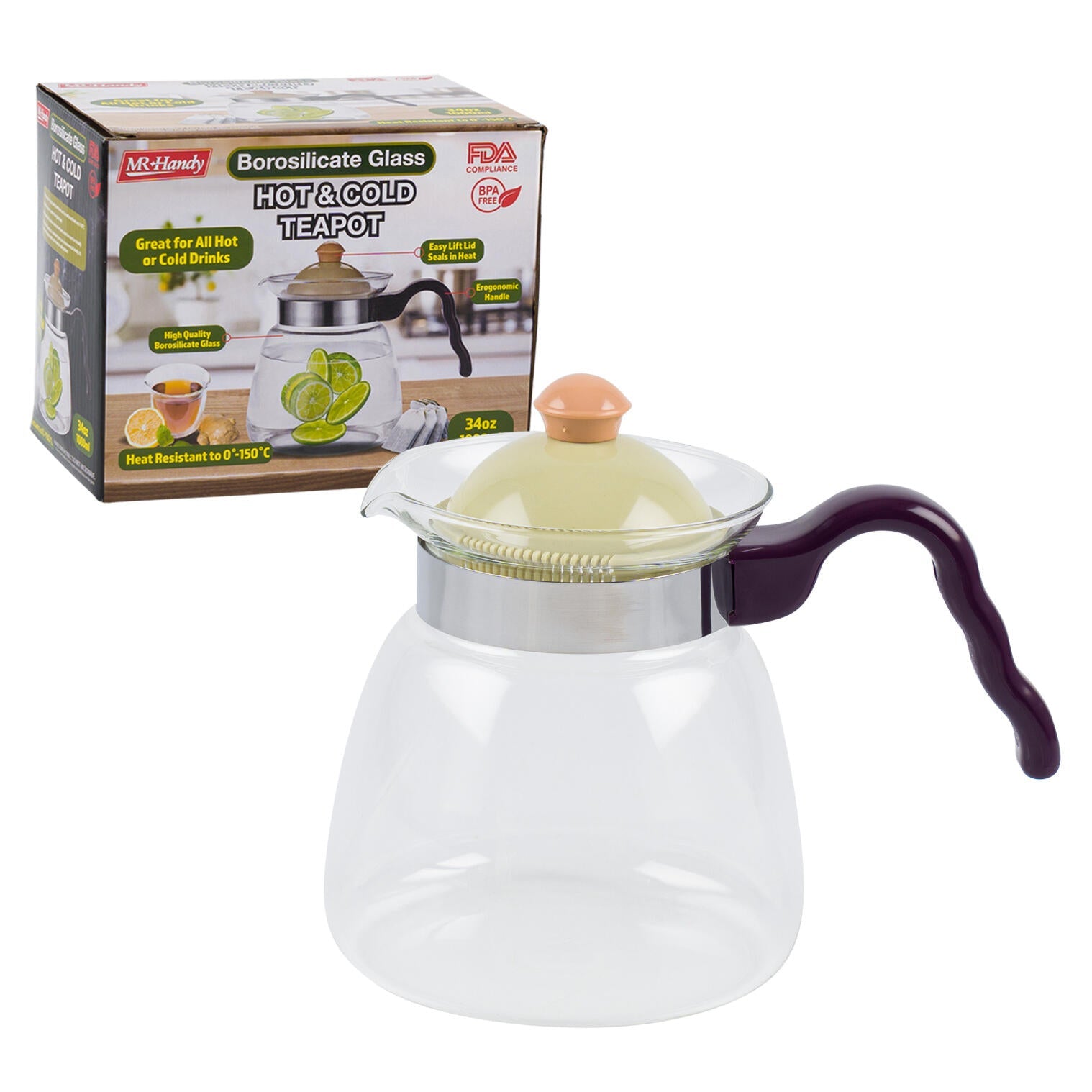 Mr. Handy Borosilicate Glass Teapot - 34oz (Pieces=24)