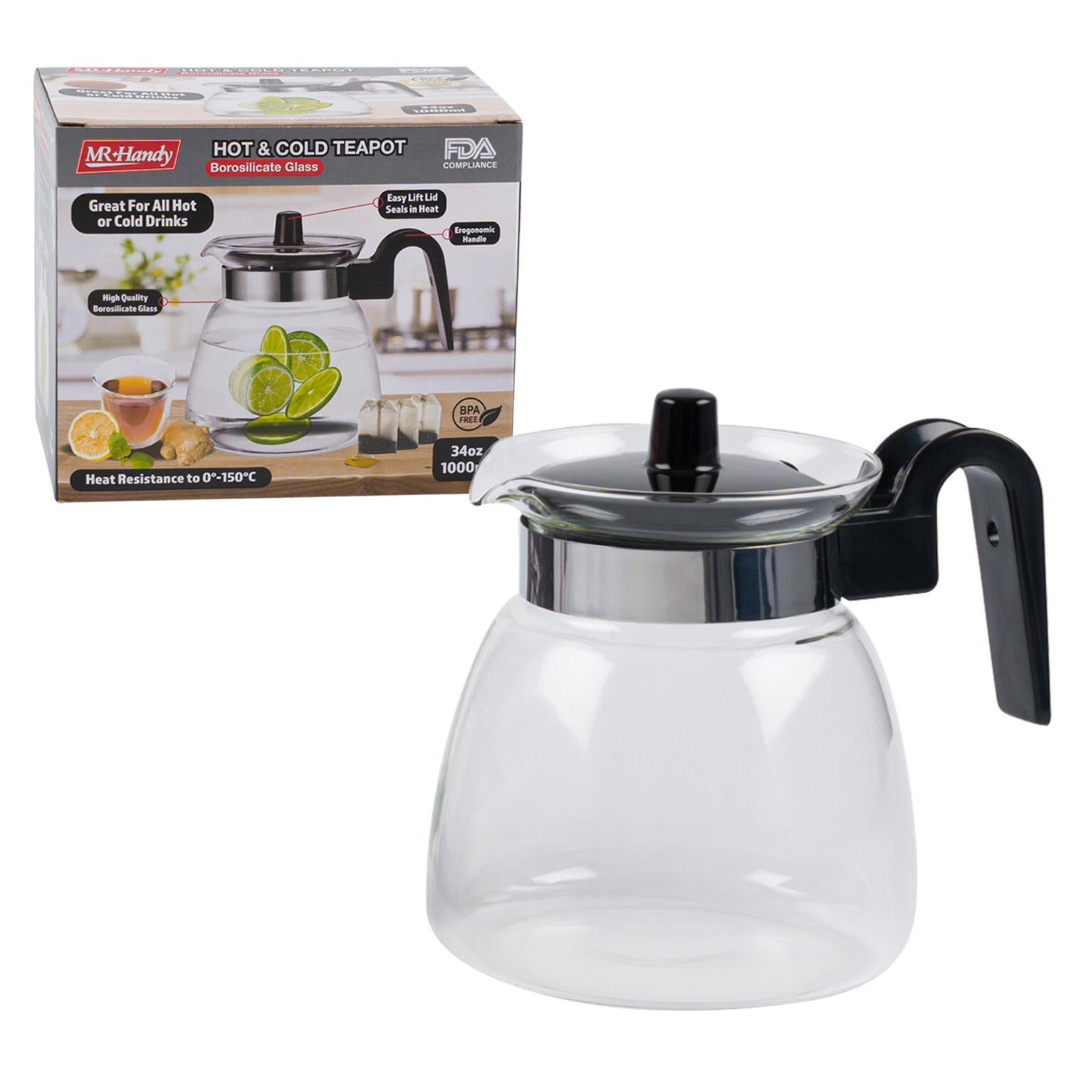 Mr. Handy Borosilicate Glass Teapot - 34oz (Pieces=24)